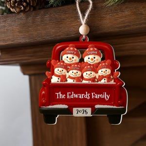 Personalized Snowman Family Ornament, Custom Red Truck Christmas Decoration, Flat 2D Holiday Keepsake Gift