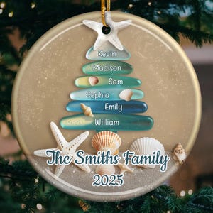 Custom Sea Glass Ceramic Ornament, Personalized Christmas Birthday Gifts For Mom, Dad, Brother, Sister, Kids, Beach Lovers